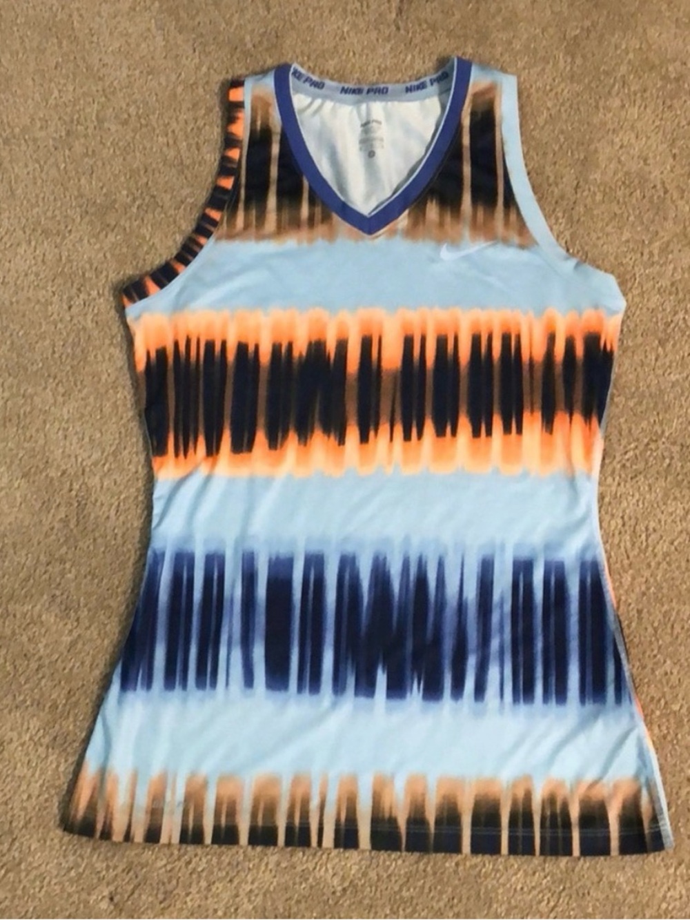 Nike Light Blue Tank Top with Navy & Orange Tie-Dye Stripes
